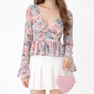 MIAMI Babydoll Sheer Mesh Bell Sleeve Peplum Top Fairy Romantic Coquette Size S